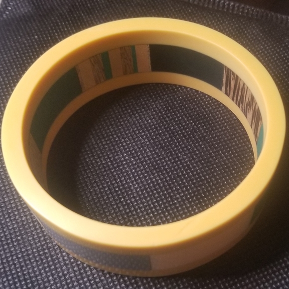 Vtg Lucite Bangle Bracelet Mustard Yellow Wooden Multi Color Block Retro Boho 1" - Picture 4 of 13